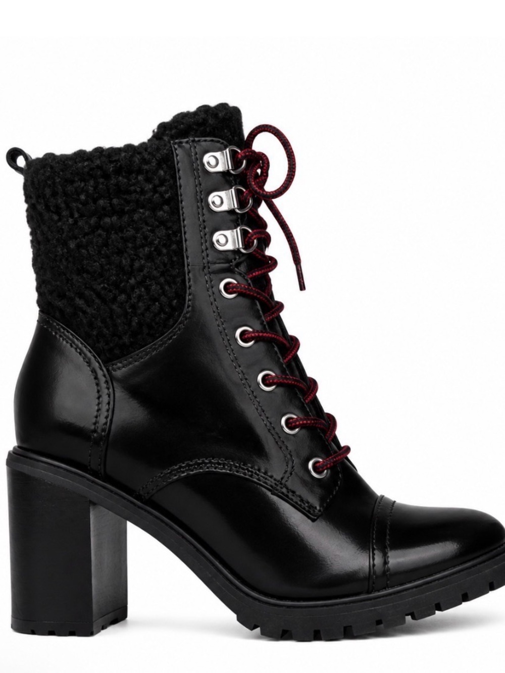 Black Lace-Up Block Heel Boots with red Laces combat military elevated SZ 5
